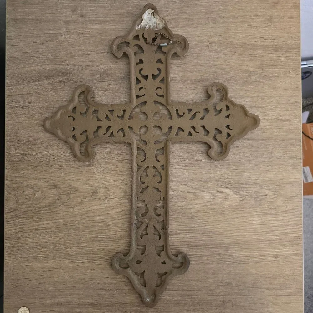Cast Iron Hanging Cross Scrollwork Rustic Brown Finish Religious Heavy - Picture 4 of 10